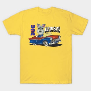 Humorous and cute schnauzer driving a funny classic car through the USA T-Shirt